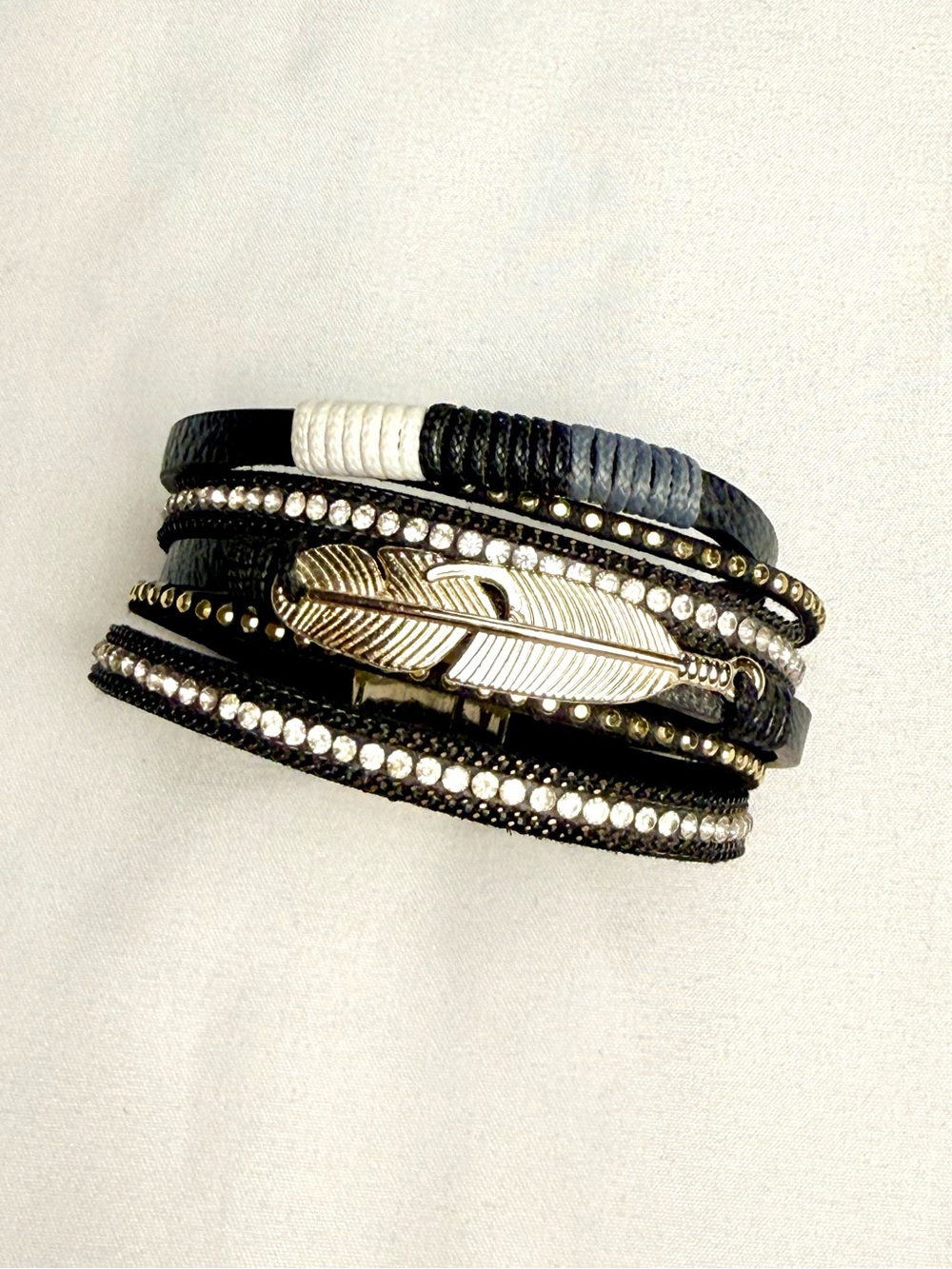 Black Wrap Bracelet with Feather Accent and Crystal Straps